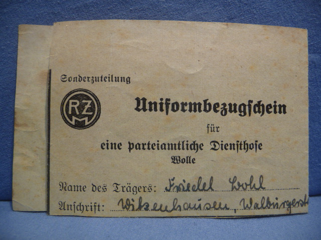 Original Nazi Era German RZM Special Allocation Uniform Reference Slip