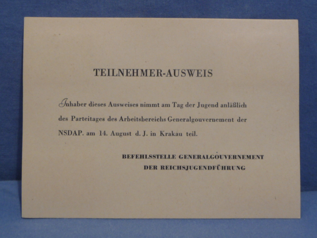Original Nazi Era German Day of Youth Participation Card, General Government of the NSDAP
