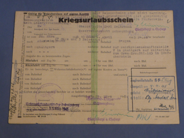 Original WWII German HEER (Army) Soldier's War Leave Pass, Kriegsurlaubsschein