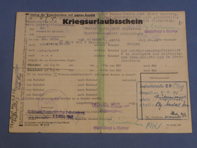 Original WWII German HEER (Army) Soldier's War Leave Pass, Kriegsurlaubsschein