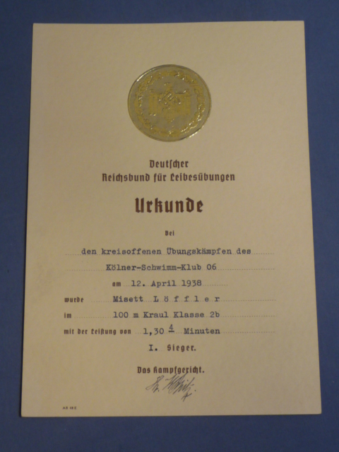 Original Nazi Era German DRL Sports Association 1st Place Winner Document