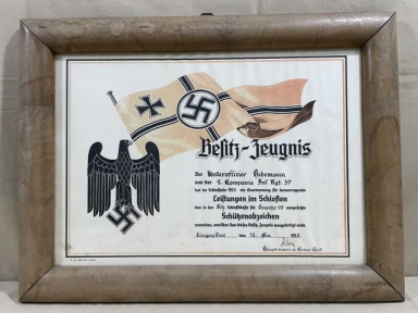 Original 1938 German Heer (Army) Soldier's Marksman's Lanyard Award Document, FRAMED