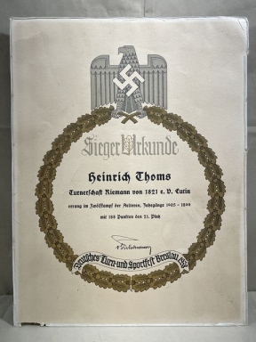 Original 1938 German Gymnastics & Sports Festival Winner's Document, Breslau