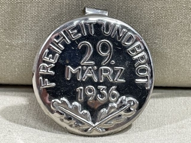 Original Nazi Era German Metal Tinnie, FREIHEIT UND BROT 1936 (Incomplete)