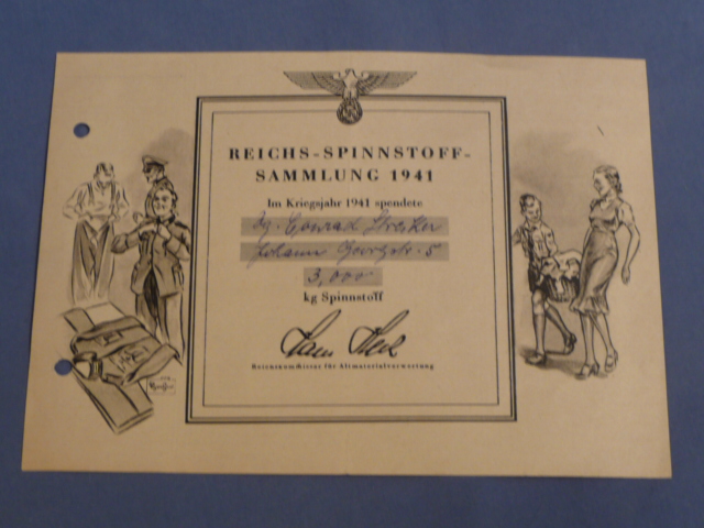 Original WWII German Clothing Donation Award Document for 1941