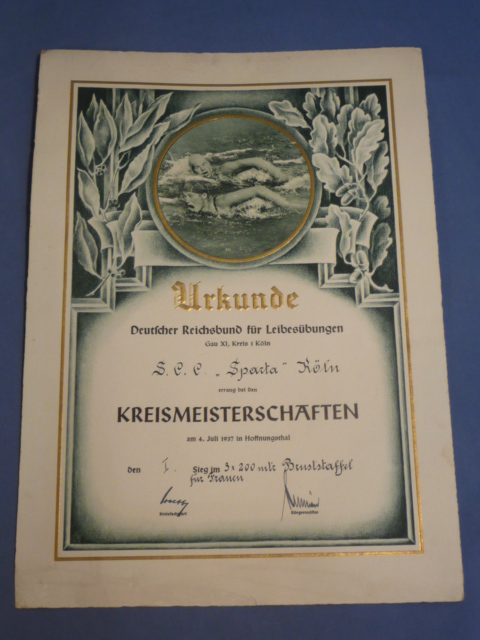 Original 1937 German DRL Document, 1st Place Female Breaststroke