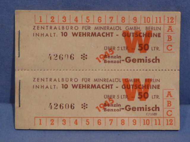 Original WWII German Wehrmacht Booklets of 20 Vouchers for Gasoline, UNUSED!