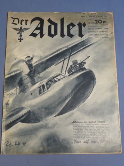 Original WWII German Luftwaffe Magazine Der Adler, March 1940