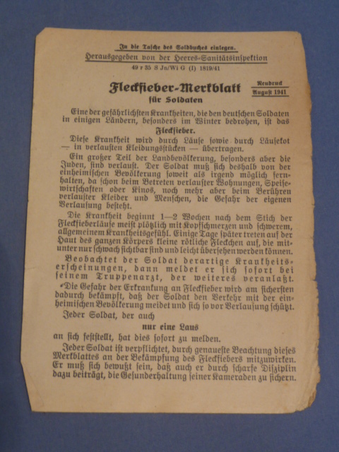 Original WWII German Army Soldbuch Insert, Fleckfieber-Merkblatt f�r Soldaten