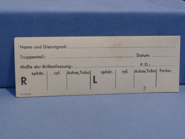 Original WWII German Military Eye Glasses Prescription Card, UNUSED