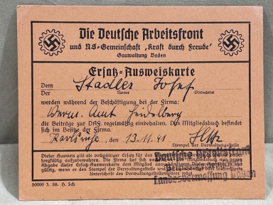 Original WWII German DAF Replacement ID Card, Ersatz-Ausweiskarte