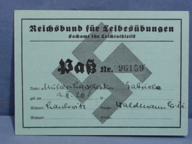 Original Nazi Era German RLB Department of Athletics Pass No. 96159