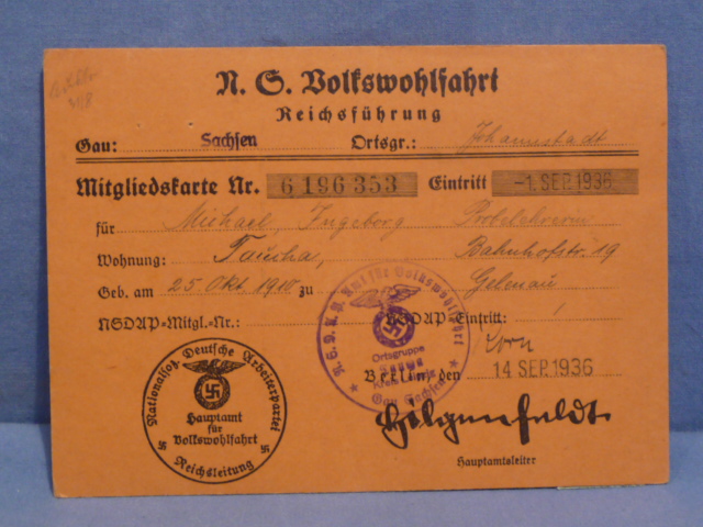 Original Nazi Era German NSDAP Public Welfare Card w/Stamps