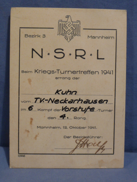 Original WWII German DRL War Meeting Card for 1941, Kriegs-Turnertreffen