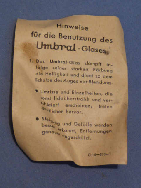 Original WWII German Umbral Goggles Paper Insert, 1943 DATED!