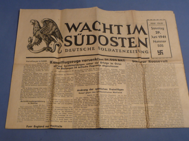 Original WWII German Soldier's Newspaper WACHT IM S�DOSTEN, June 29th 1941