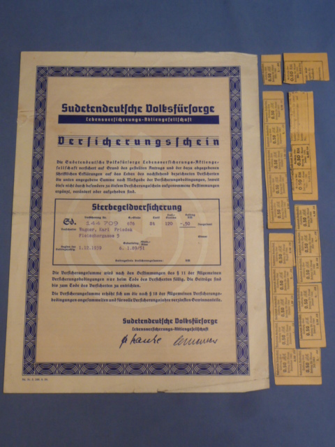 Original WWII German Sudeten German's Insurance Policy with Stamps