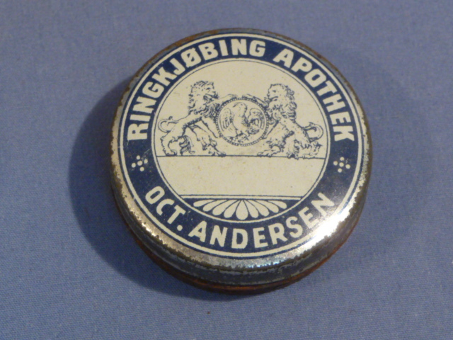 Original WWII Norwegian Pharmacy Small Tin, German Soldier Captured