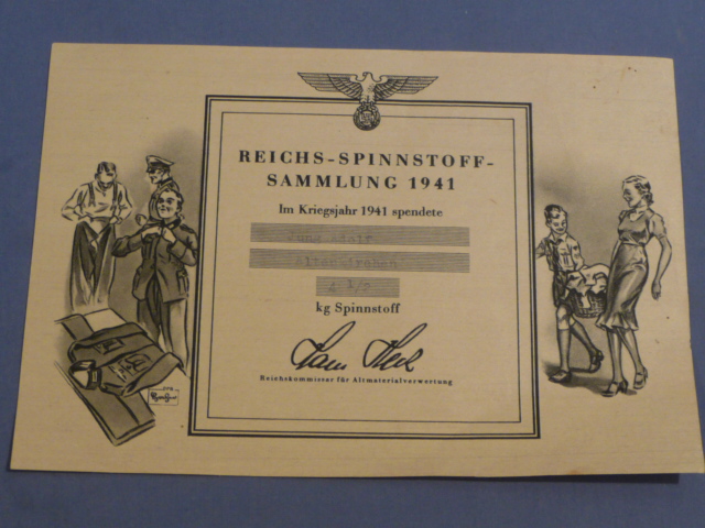 Original WWII German Clothing Donation Document for 1941