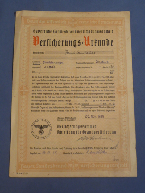 Original WWII German Fire Insurance Certificate