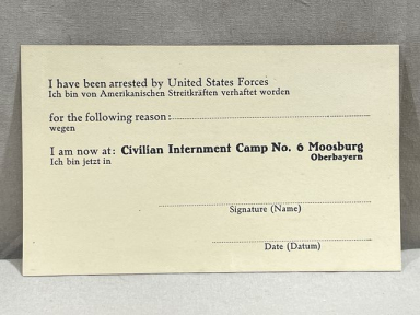 Original Late WWII/Early Postwar US Military Civilian Arrest Form, Internment Camp No. 6