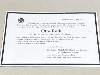 Original WWII German Death Announcement to Infantry Soldier Otto Roth