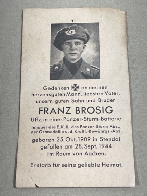 Original WWII German Remembrance Card to NCO in an Assault Gun Battery