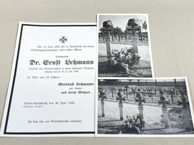 Original WWII German Death Announcement and Grave Photos Lot, Dr. Ernst Lehmenn