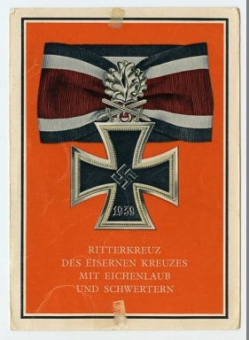 Original WWII German Medals Postcard, Knights Cross of the Iron Cross w/Oakleaves & Swords
