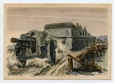 Original WWII German Military Themed Postcard, Howitzer is Positioned