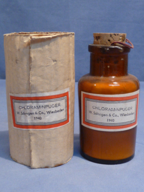 Original WWII German Brown Glass Bottle & Sleeve for Chloraminpuder, 1940 Dated