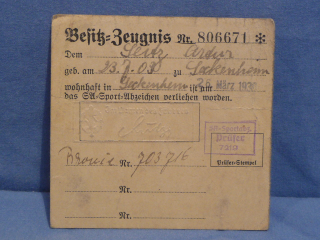 Original WWII German SA Sports Badge Award Document