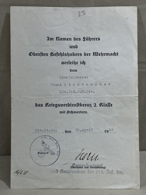 Original WWII German Soldier's War Merit Cross 2nd Class w/Swords Award Document