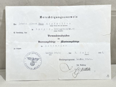 Original 1936 German Matte White Wound Badge Award Document, Heeresangehrige