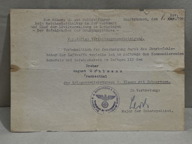 Original WWII German War Merit Cross Preliminary Award Document, Police