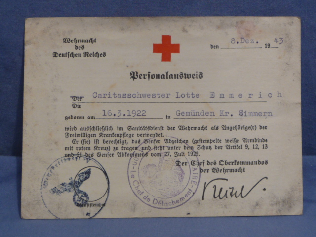 Original WWII German Red Cross ID Document, Personalausweis