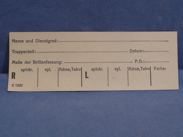 Original WWII German Military Eye Glasses Prescription Card, UNUSED