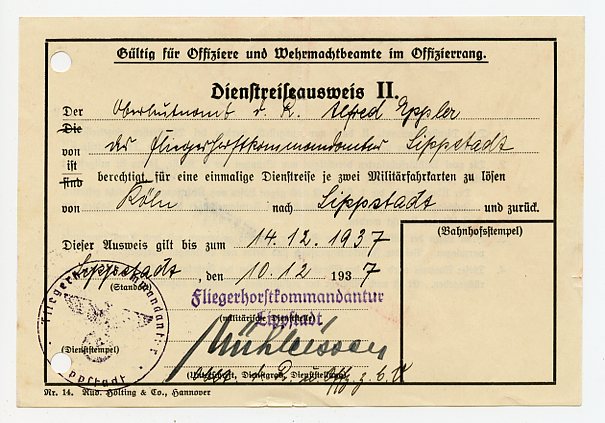 Original 1937 German Service Travel Card for Officers