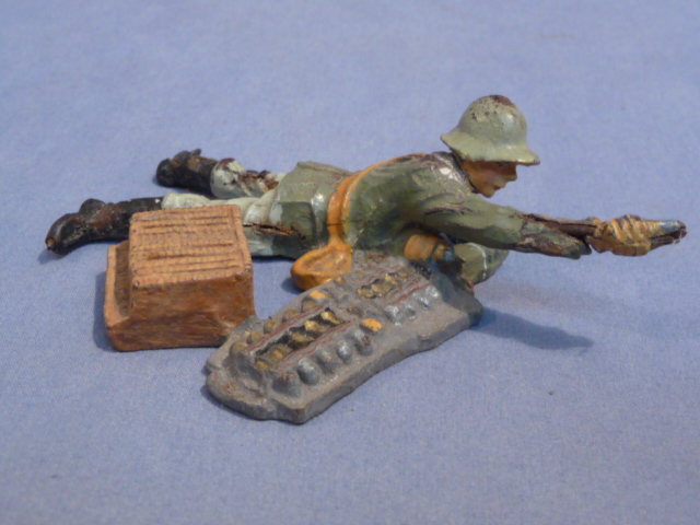 Original Nazi Era German Prone Toy Soldier Handing Shells, ELASTOLIN