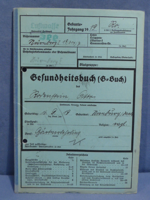 Original WWII German Luftwaffe Soldier's Medical Record, G-Buch