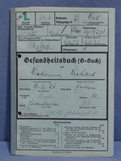 Original WWII German Luftwaffe Soldier's Medical Record, G-Buch