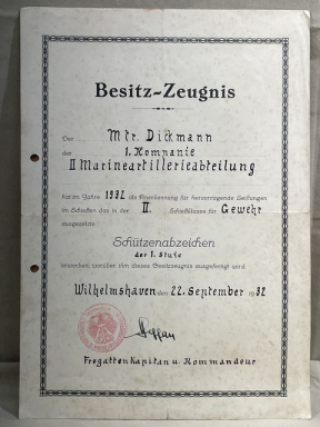 Original 1932 German Kriegsmarine Soldier's Marksman's Lanyard Award Document