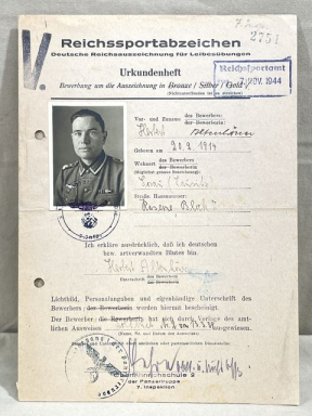 Original WWII German DRL Sports Badge Qualification/Award Document to Soldier, Late-War