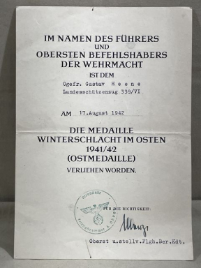 Original WWII German Home Guard Soldier's Russian Front Medal Award Document