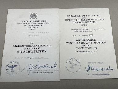 Original WWII German War Merit Cross & Russian Front Medal Award Documents, Vlckers Signature!