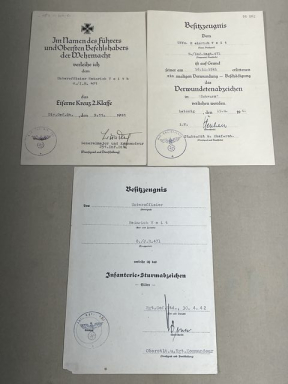 Original WWII German Award Document Grouping to Unteroffizier Heinrich Veit