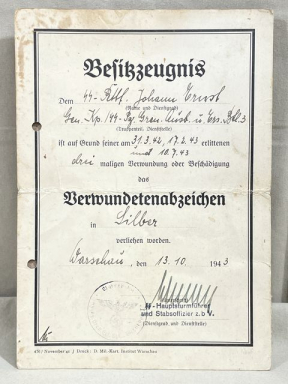 Original WWII German Silver Wound Badge Award Document to Waffen-SS Soldier