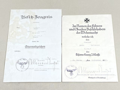 Original WWII German 1939 Iron Cross 2nd Class & Assault Badge Award Documents