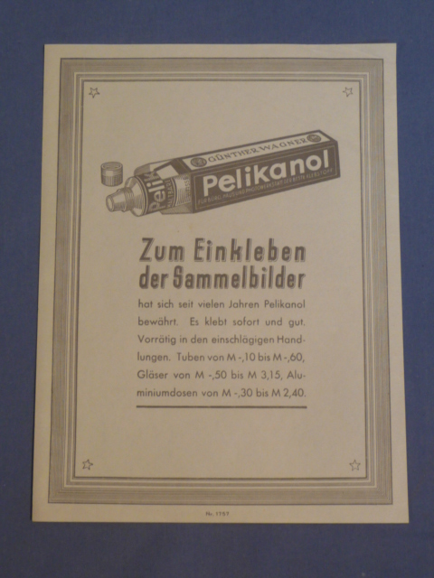 Original WWII Era German Pelikanol Adhesive Advertisement Sheet, KLEBSTOFF