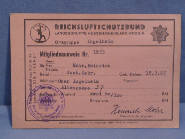 Original Nazi Era German RLB Member's ID/Dues Card